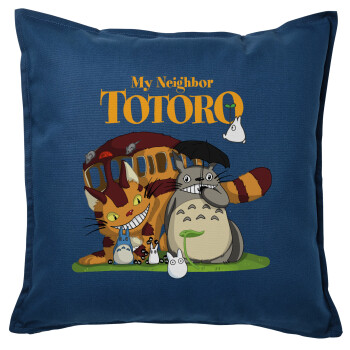 Totoro and Cat, Μαξιλάρι καναπέ Μπλε 100% βαμβάκι, περιέχεται το γέμισμα (50x50cm)