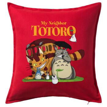 Totoro and Cat, Μαξιλάρι καναπέ Κόκκινο 100% βαμβάκι, περιέχεται το γέμισμα (50x50cm)