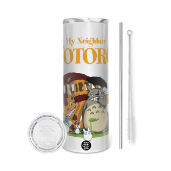 Totoro and Cat, Eco friendly stainless steel tumbler 600ml, with metal straw & cleaning brush
