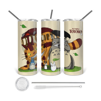 Totoro and Cat, 360 Eco friendly stainless steel tumbler 600ml, with metal straw & cleaning brush