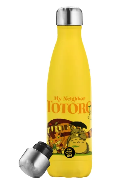 Totoro and Cat — Yellow Stainless Steel Metallic Thermos, double-walled, 500ml