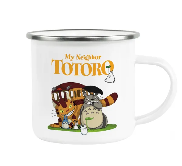 Totoro and Cat — Metallic enamel cup white 360ml
