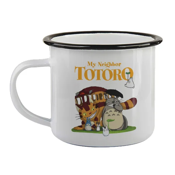 Totoro and Cat — Enamel mug with black rim, 360ml