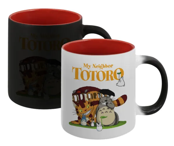 Totoro and Cat — Magic mug with red interior, ceramic, 330ml, changes colour with hot drinks
