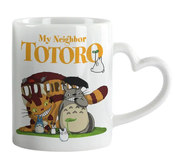 Totoro and Cat — Κούπα καρδιά χερούλι λευκή, κεραμική, 330ml