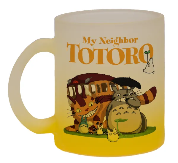 Totoro and Cat — Κούπα γυάλινη δίχρωμη με βάση το κίτρινο ματ, 330ml
