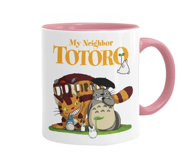 Totoro and Cat — Κούπα χρωματιστή ροζ, κεραμική, 330ml