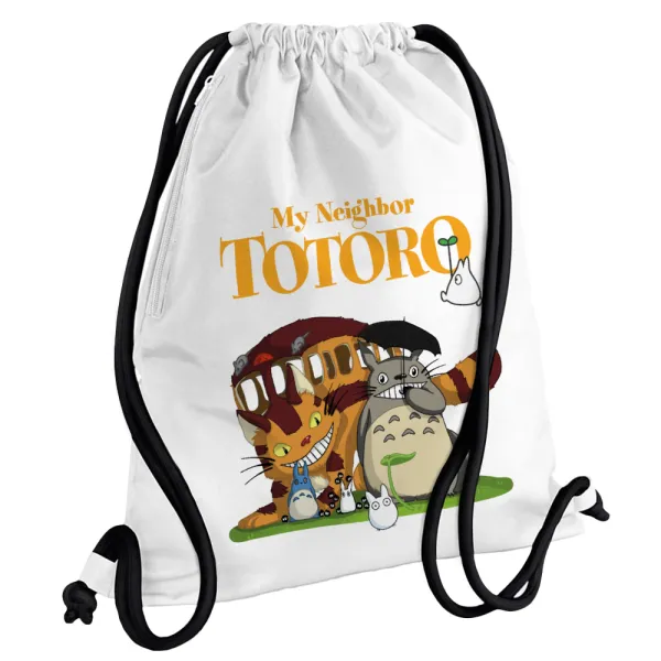 Totoro and Cat — Τσάντα πλάτης πουγκί GYMBAG λευκή, με τσέπη (40x48cm) & χονδρά κορδόνια