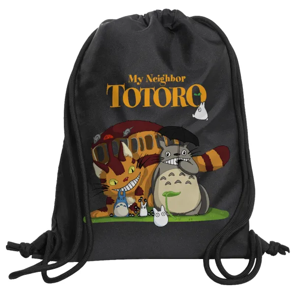 Totoro and Cat — Τσάντα πλάτης πουγκί GYMBAG Μαύρη, με τσέπη (40x48cm) & χονδρά κορδόνια