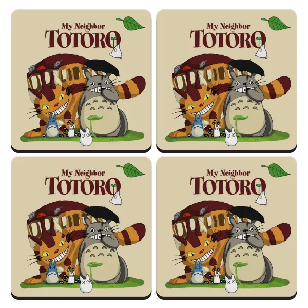 Totoro and Cat — Σουβέρ ξύλινα τετράγωνα (9cm)