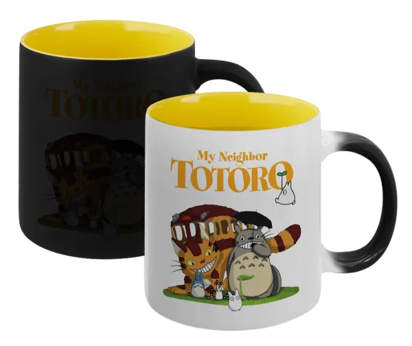 Totoro and Cat — Κούπα Μαγική εσωτερικό κίτρινη, κεραμική 330ml που αλλάζει χρώμα με το ζεστό ρόφημα