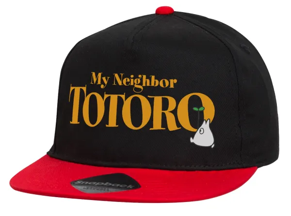 Totoro and Cat — Flat Snapback Hat, Black/Red (100% COTTON, UNISEX, ONE SIZE)