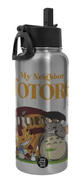Totoro and Cat — Metal mug thermo Silver with Straw and Spout Lid (Stainless steel), double wall, 950ml