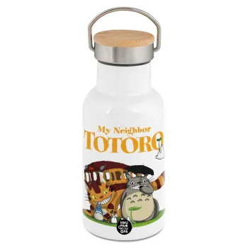 Totoro and Cat, Μεταλλικό παγούρι θερμός (Stainless steel) Λευκό με ξύλινο καπακι (bamboo), διπλού τοιχώματος, 350ml