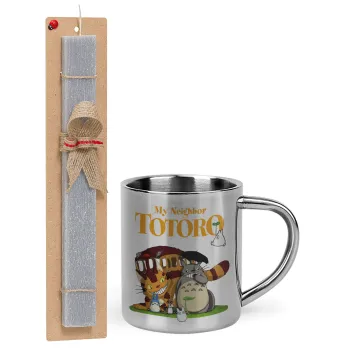 Totoro and Cat, Easter Set, metallic thermal cup (300ml) & Easter aromatic flat candle (30cm) (GRAY)