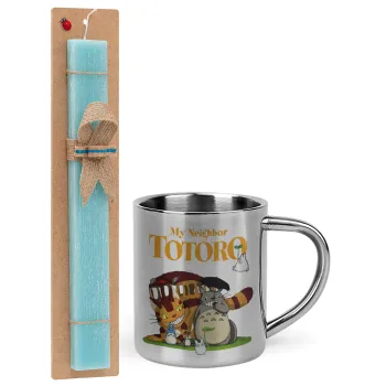 Totoro and Cat, Easter Set, metallic thermal cup (300ml) & aromatic flat Easter candle (30cm) (TURQUOISE)