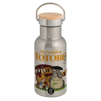 Totoro and Cat, Μεταλλικό παγούρι θερμός (Stainless steel) Ασημένιο με ξύλινο καπακι (bamboo), διπλού τοιχώματος, 350ml