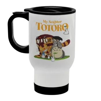 Totoro and Cat, Κούπα ταξιδιού ανοξείδωτη με καπάκι, διπλού τοιχώματος (θερμό) λευκή 450ml