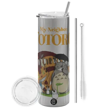 Totoro and Cat, Tumbler ποτήρι θερμό Ασημένιο από ανοξείδωτο ατσάλι 600ml, με μεταλλικό καλαμάκι & βούρτσα καθαρισμού