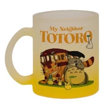 Totoro and Cat, Κούπα γυάλινη δίχρωμη με βάση το κίτρινο ματ, 330ml