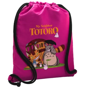 Totoro and Cat, Τσάντα πλάτης πουγκί GYMBAG Φούξια, με τσέπη (40x48cm) & χονδρά κορδόνια