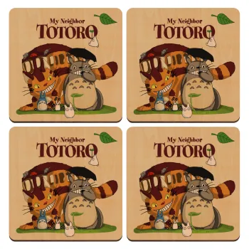Totoro and Cat, ΣΕΤ x4 Σουβέρ ξύλινα τετράγωνα plywood (9cm)