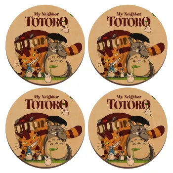 Totoro and Cat, ΣΕΤ x4 Σουβέρ ξύλινα στρογγυλά plywood (9cm)