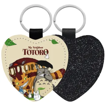 Totoro and Cat, Μπρελόκ PU δερμάτινο glitter καρδιά ΜΑΥΡΟ