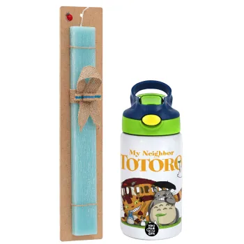 Totoro and Cat, Easter Set, Children's thermal stainless steel bottle with safety straw, green/blue (350ml) & aromatic flat Easter candle (30cm) (TURQUOISE)