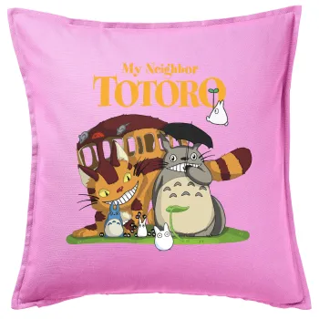 Totoro and Cat, Μαξιλάρι καναπέ ΡΟΖ 100% βαμβάκι, περιέχεται το γέμισμα (50x50cm)