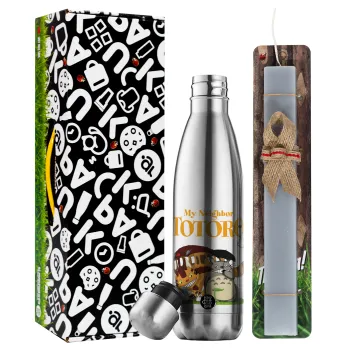 Totoro and Cat, Easter Set, metallic stainless thermos flask (500ml) & scented flat Easter candle (30cm) (GRAY)