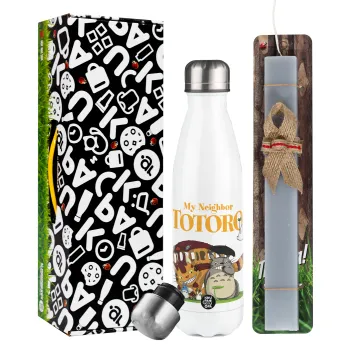 Totoro and Cat, Easter candle, metallic white thermos bottle (500ml) & aromatic flat candle (30cm) (GRAY)