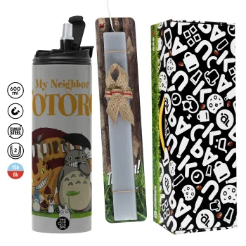 Totoro and Cat, Πασχαλινή Λαμπάδα με Travel Tumbler θερμό (600ml, BPA free) & κερί αρωματικό πλακέ (30cm) (ΓΚΡΙ)