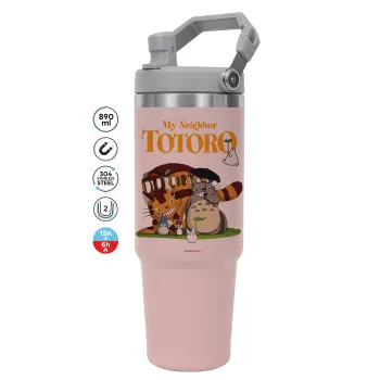Totoro and Cat, Pink color, 890ml (30oz) stainless Steel Tumbler with Handle