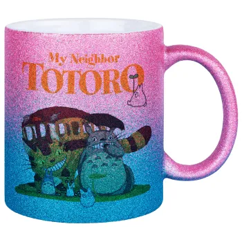 Totoro and Cat, Κούπα Χρυσή/Μπλε Glitter, κεραμική, 330ml