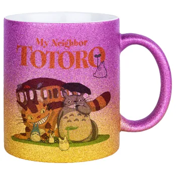 Totoro and Cat, Κούπα Χρυσή/Ροζ Glitter, κεραμική, 330ml