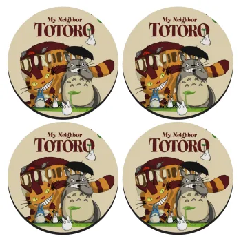 Totoro and Cat, ΣΕΤ 4 Σουβέρ ξύλινα στρογγυλά (9cm)