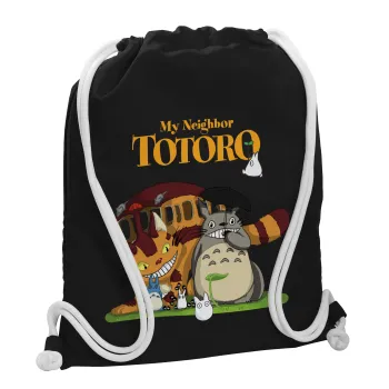 Totoro and Cat, Τσάντα πλάτης πουγκί GYMBAG Μαύρη, με τσέπη (40x48cm) & χονδρά λευκά κορδόνια