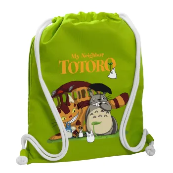 Totoro and Cat, Τσάντα πλάτης πουγκί GYMBAG LIME GREEN, με τσέπη (40x48cm) & χονδρά κορδόνια