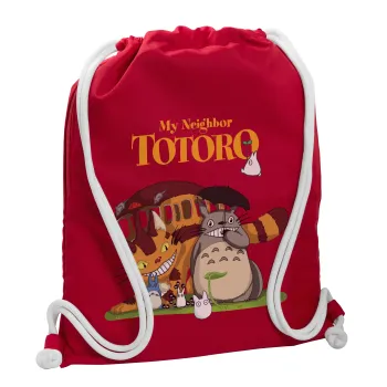 Totoro and Cat, Τσάντα πλάτης πουγκί GYMBAG Κόκκινη, με τσέπη (40x48cm) & χονδρά κορδόνια
