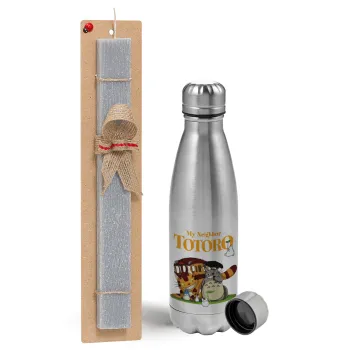 Totoro and Cat, Easter Set, metallic Inox water bottle (750ml) & aromatic flat Easter candle (30cm) (GRAY)