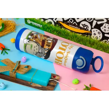 Totoro and Cat, Easter candle, Childrens hot water bottle, stainless steel, with safety straw, BLUE (500ml)