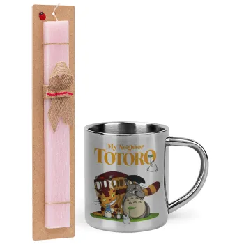Totoro and Cat, Easter Set, metallic thermal cup (300ml) & aromatic flat Easter candle (30cm) (PINK)