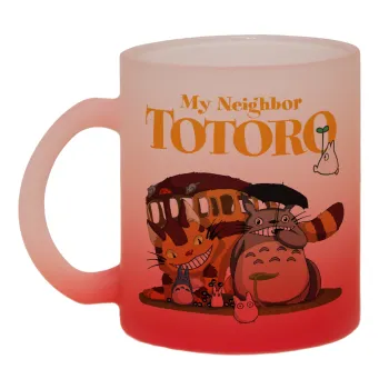 Totoro and Cat, Κούπα γυάλινη δίχρωμη με βάση το κόκκινο ματ, 330ml