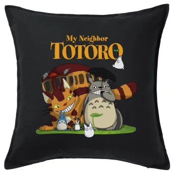 Totoro and Cat, Μαξιλάρι καναπέ Μαύρο 100% βαμβάκι, περιέχεται το γέμισμα (50x50cm)