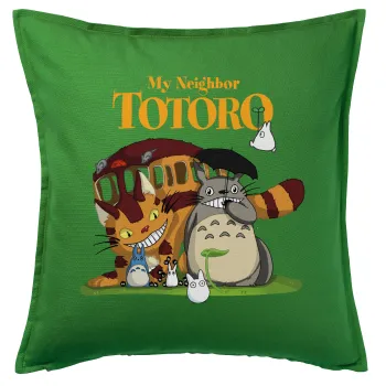 Totoro and Cat, Μαξιλάρι καναπέ Πράσινο 100% βαμβάκι, περιέχεται το γέμισμα (50x50cm)