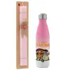 Easter Set, Metallic pink/white (Stainless steel) thermos, double-walled, 500ml & aromatic flat Easter candle (30cm) (PINK)