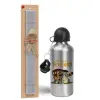 Easter Set, metallic silver aluminum water bottle (500ml) & aromatic flat Easter candle (30cm) (GRAY)