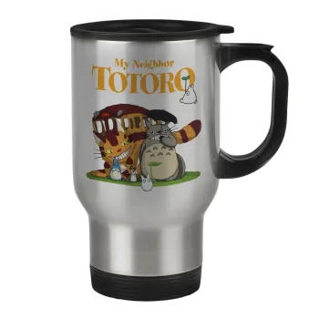 Totoro and Cat, Stainless steel travel mug with lid, double wall 450ml