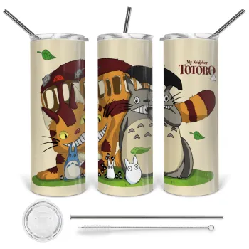 Totoro and Cat, Tumbler ποτήρι θερμό από ανοξείδωτο ατσάλι 600ml, με μεταλλικό καλαμάκι & βούρτσα καθαρισμού